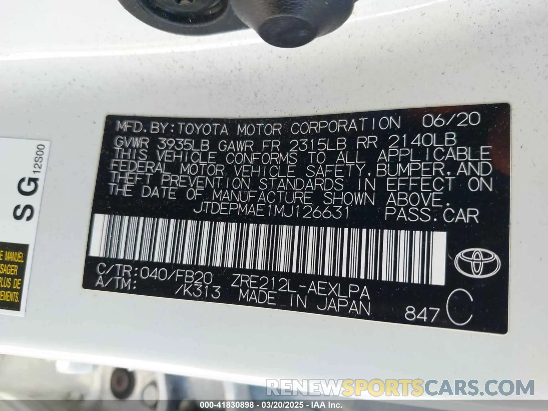 9 fotografías del automóvil dañado JTDEPMAE1MJ126631 TOYOTA COROLLA 2021
