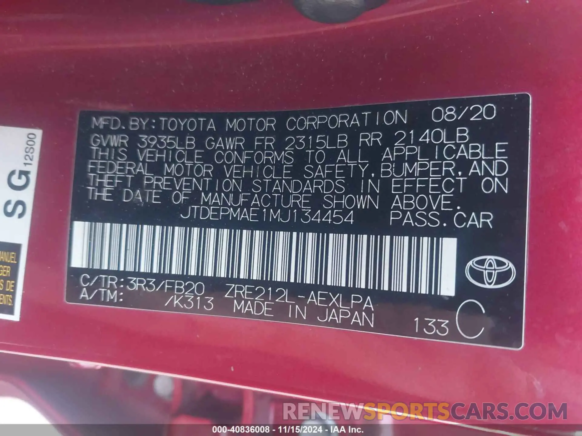 9 fotografías del automóvil dañado JTDEPMAE1MJ134454 TOYOTA COROLLA 2021