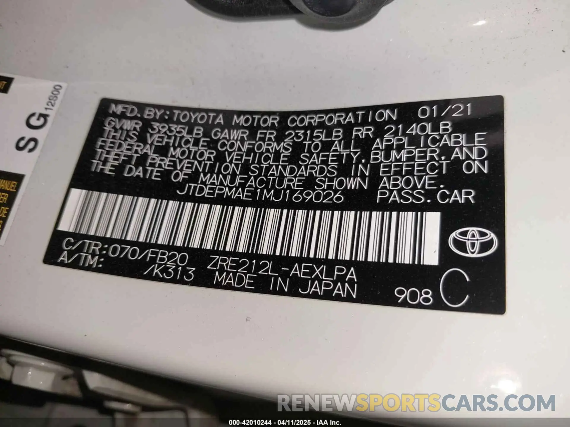 9 fotografías del automóvil dañado JTDEPMAE1MJ169026 TOYOTA COROLLA 2021
