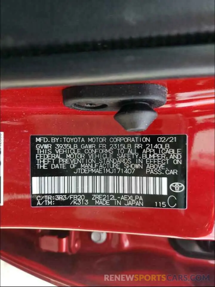 10 fotografías del automóvil dañado JTDEPMAE1MJ171407 TOYOTA COROLLA 2021