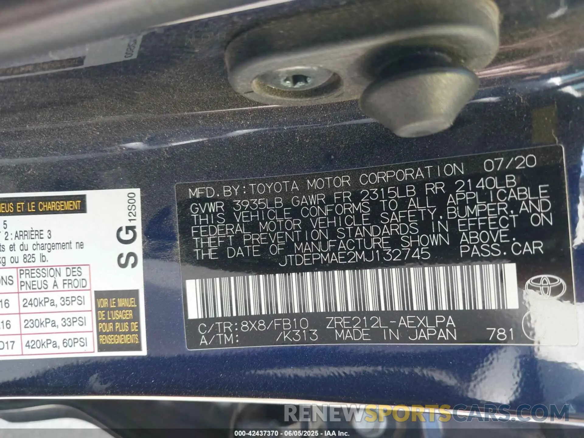 9 fotografías del automóvil dañado JTDEPMAE2MJ132745 TOYOTA COROLLA 2021