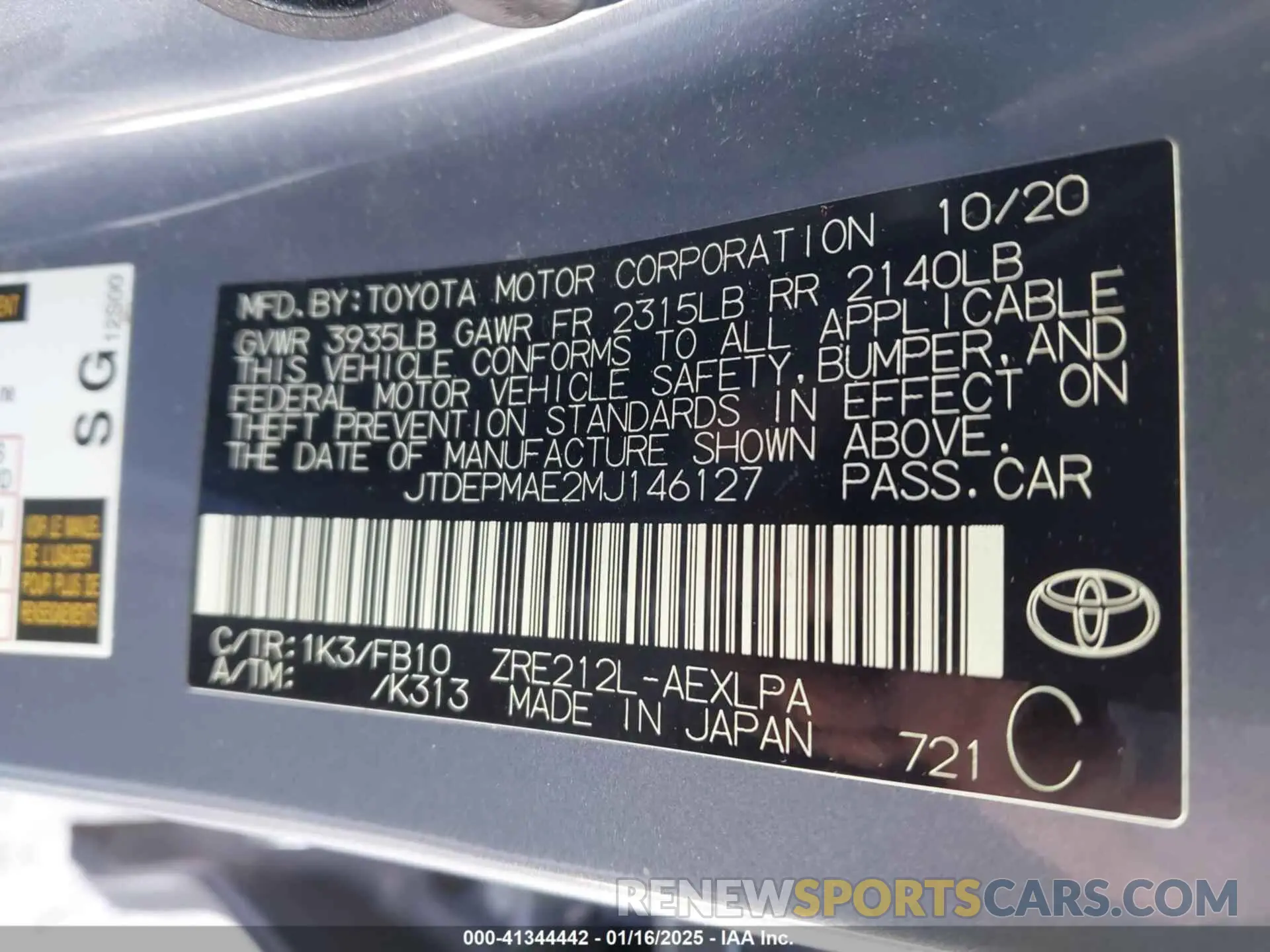9 fotografías del automóvil dañado JTDEPMAE2MJ146127 TOYOTA COROLLA 2021