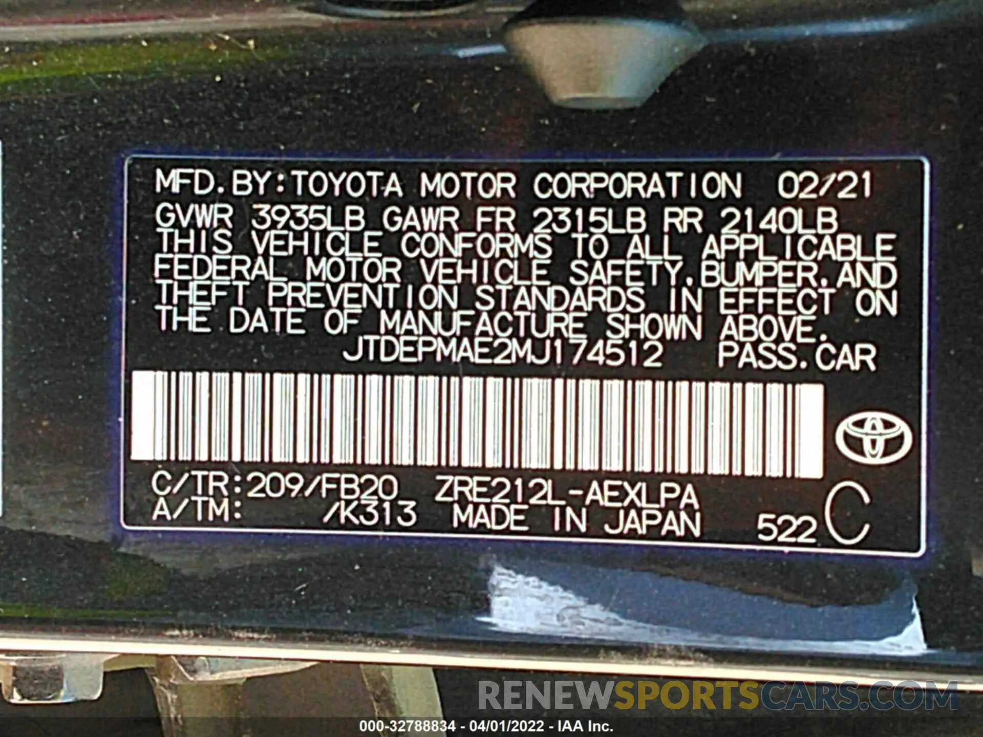 9 fotografías del automóvil dañado JTDEPMAE2MJ174512 TOYOTA COROLLA 2021