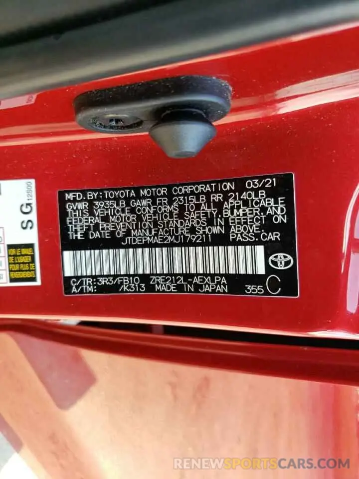 10 fotografías del automóvil dañado JTDEPMAE2MJ179211 TOYOTA COROLLA 2021