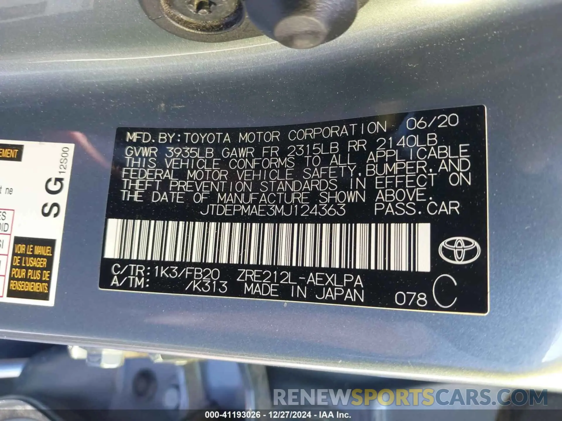 9 fotografías del automóvil dañado JTDEPMAE3MJ124363 TOYOTA COROLLA 2021