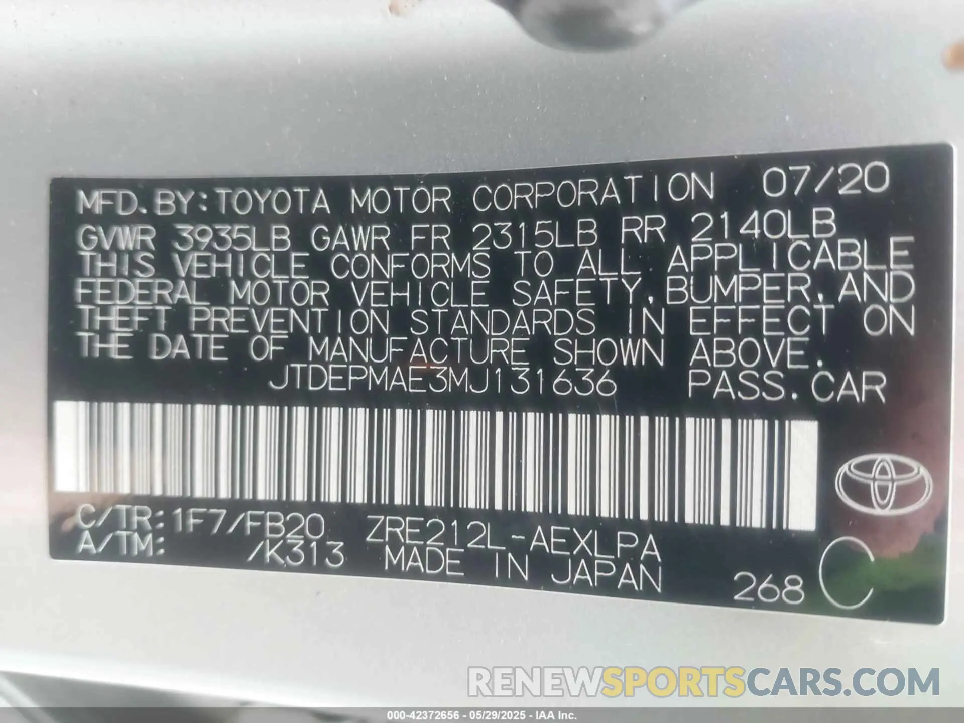 9 fotografías del automóvil dañado JTDEPMAE3MJ131636 TOYOTA COROLLA 2021