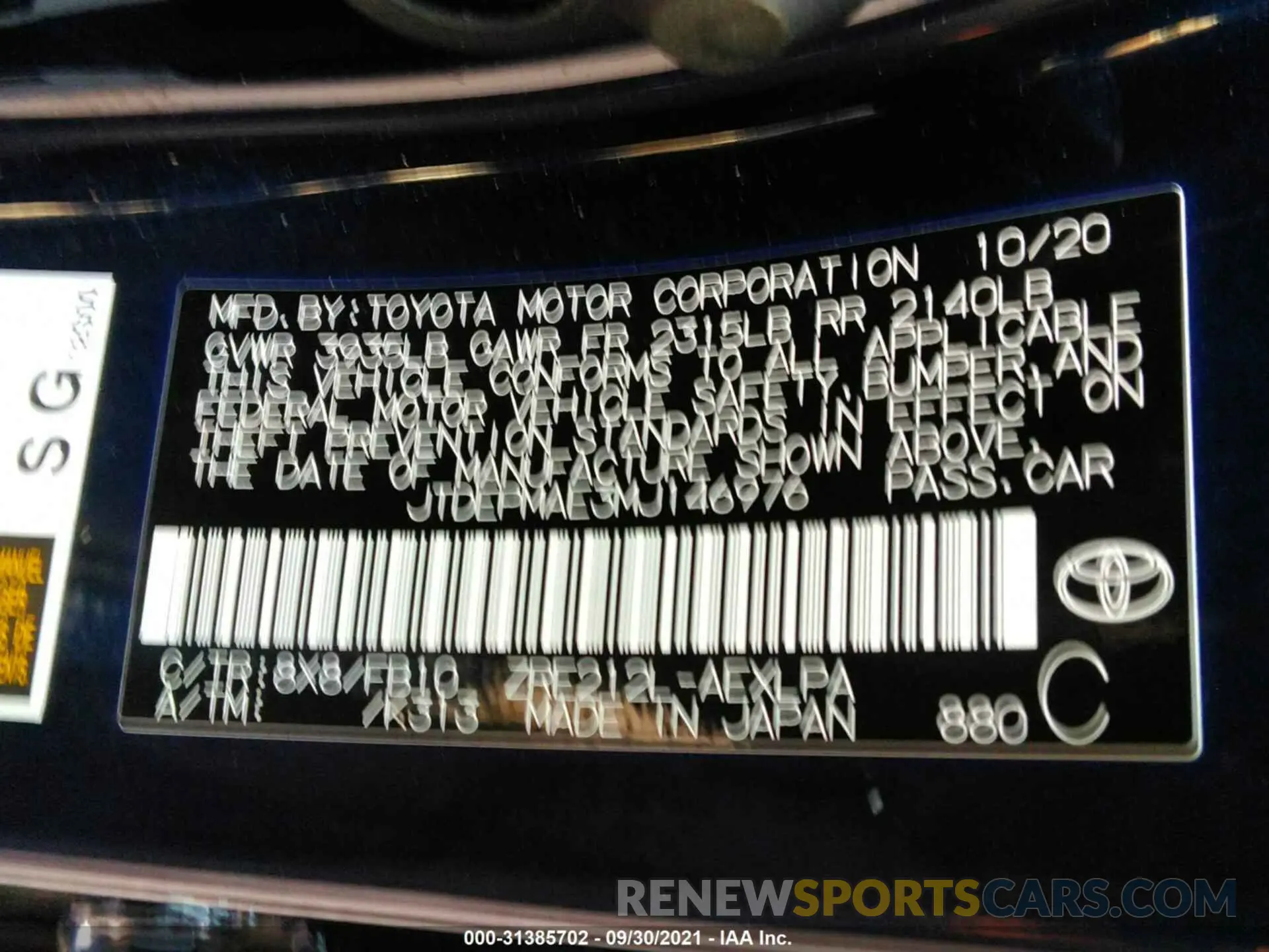 9 fotografías del automóvil dañado JTDEPMAE3MJ146976 TOYOTA COROLLA 2021