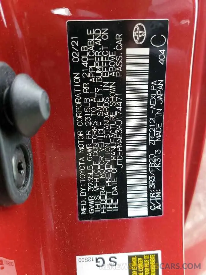 13 fotografías del automóvil dañado JTDEPMAE3MJ174471 TOYOTA COROLLA 2021