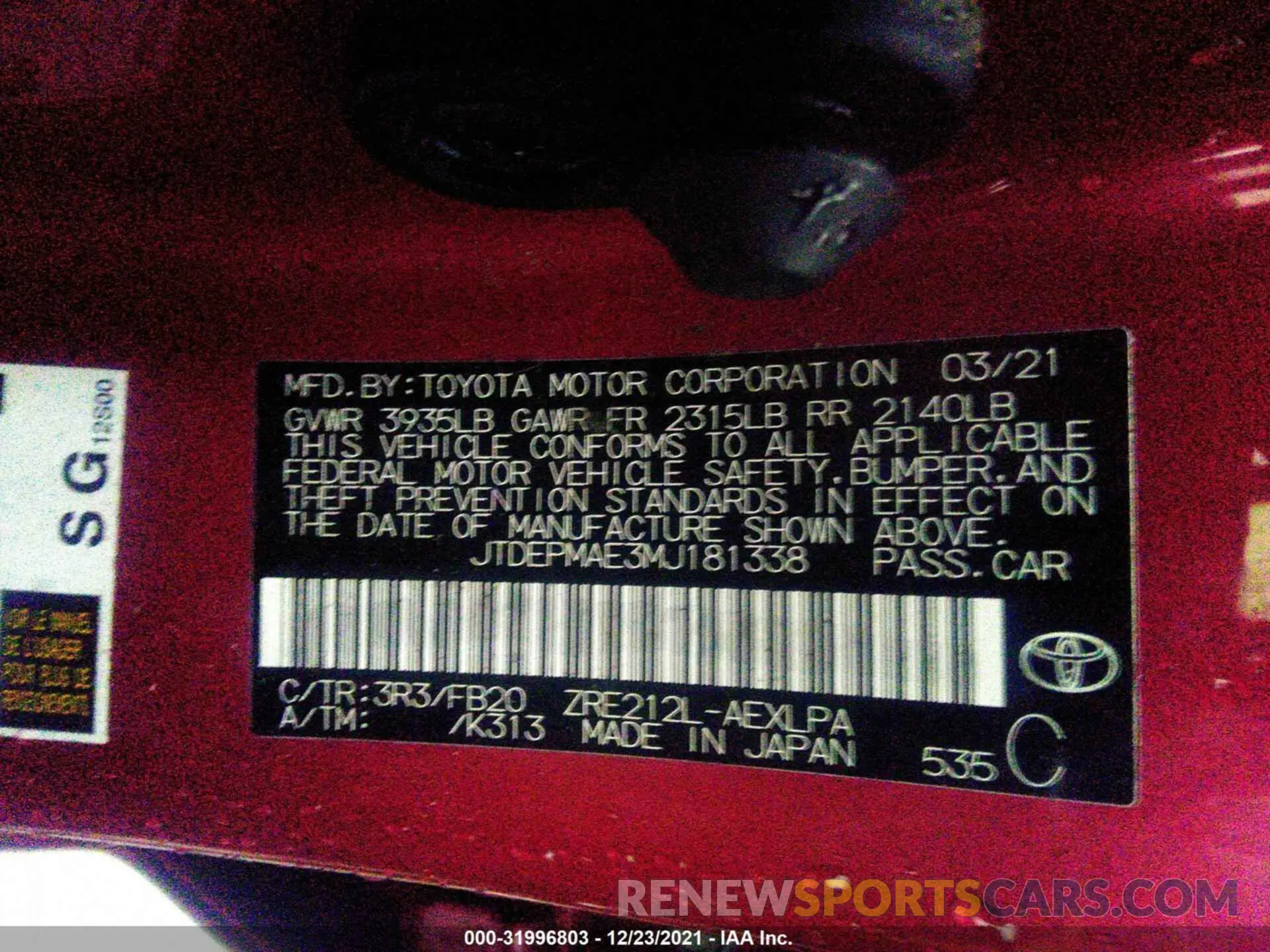 9 fotografías del automóvil dañado JTDEPMAE3MJ181338 TOYOTA COROLLA 2021