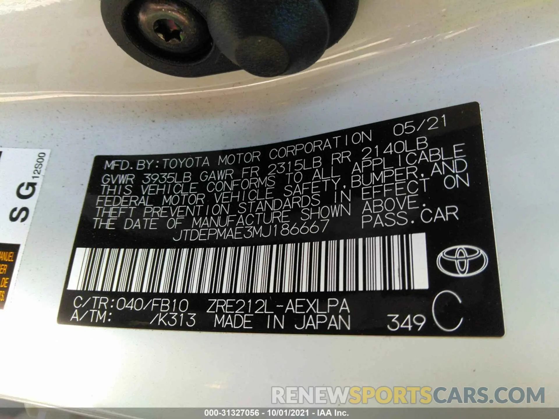 9 fotografías del automóvil dañado JTDEPMAE3MJ186667 TOYOTA COROLLA 2021