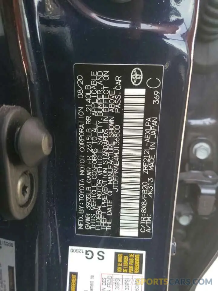 10 fotografías del automóvil dañado JTDEPMAE4MJ136800 TOYOTA COROLLA 2021