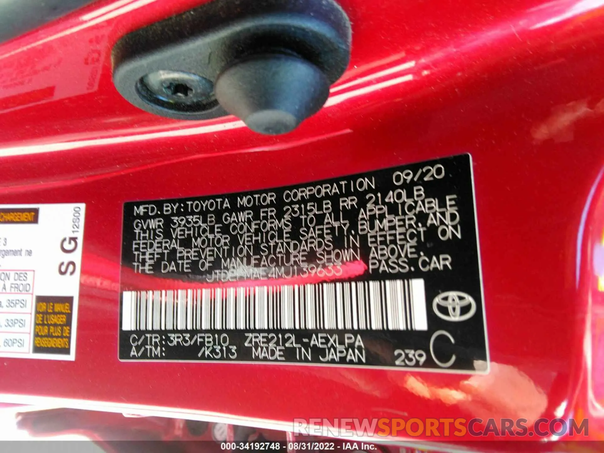 9 fotografías del automóvil dañado JTDEPMAE4MJ139633 TOYOTA COROLLA 2021