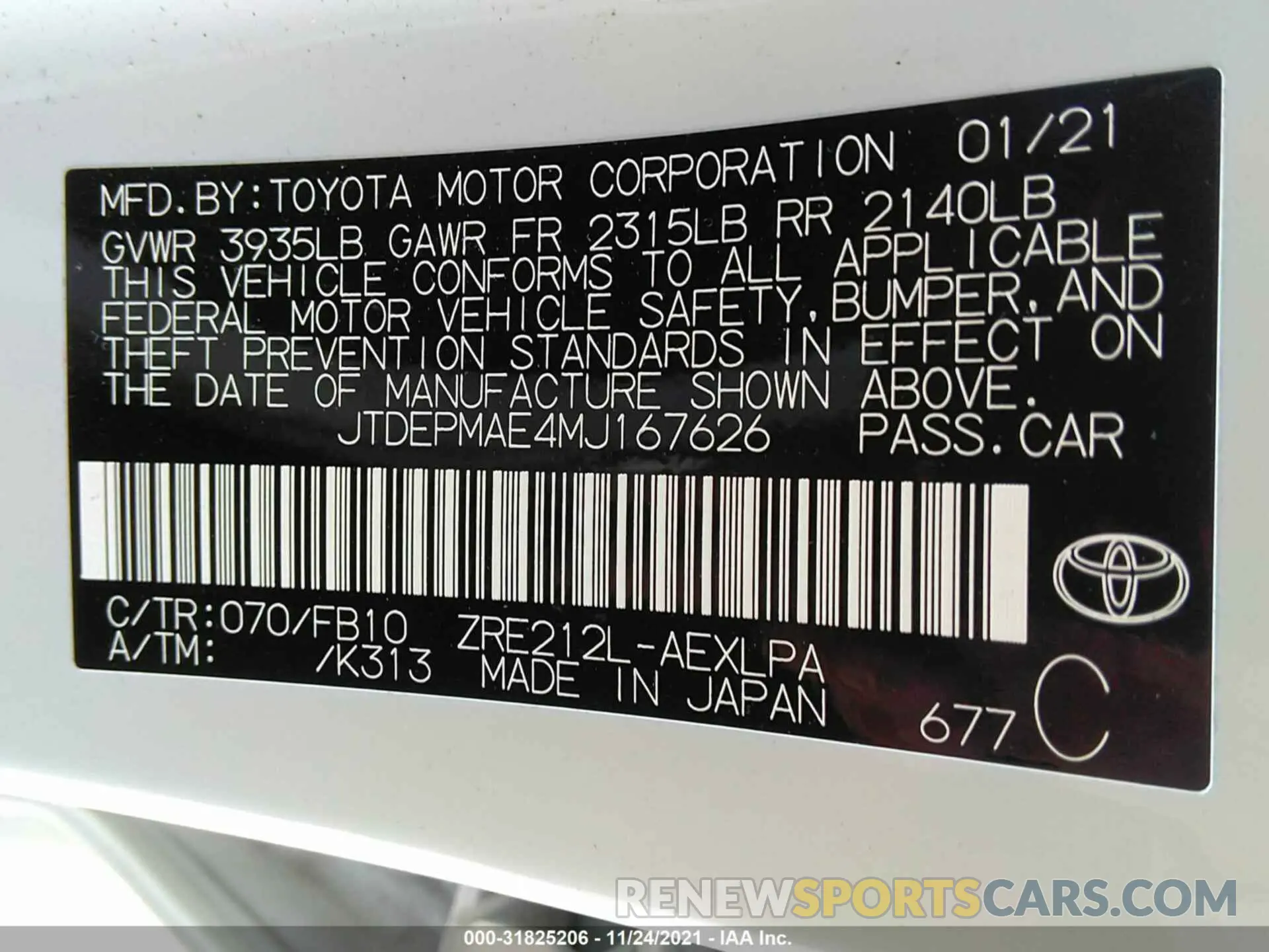 9 fotografías del automóvil dañado JTDEPMAE4MJ167626 TOYOTA COROLLA 2021