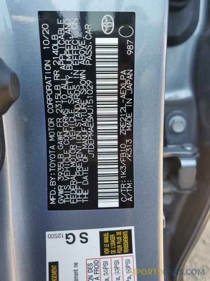 10 fotografías del automóvil dañado JTDEPMAE5MJ151029 TOYOTA COROLLA 2021