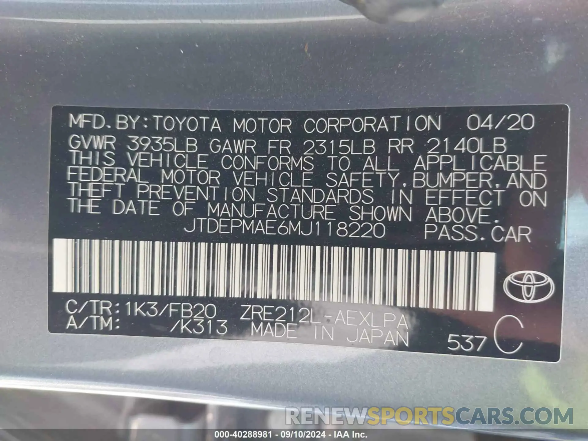 9 fotografías del automóvil dañado JTDEPMAE6MJ118220 TOYOTA COROLLA 2021