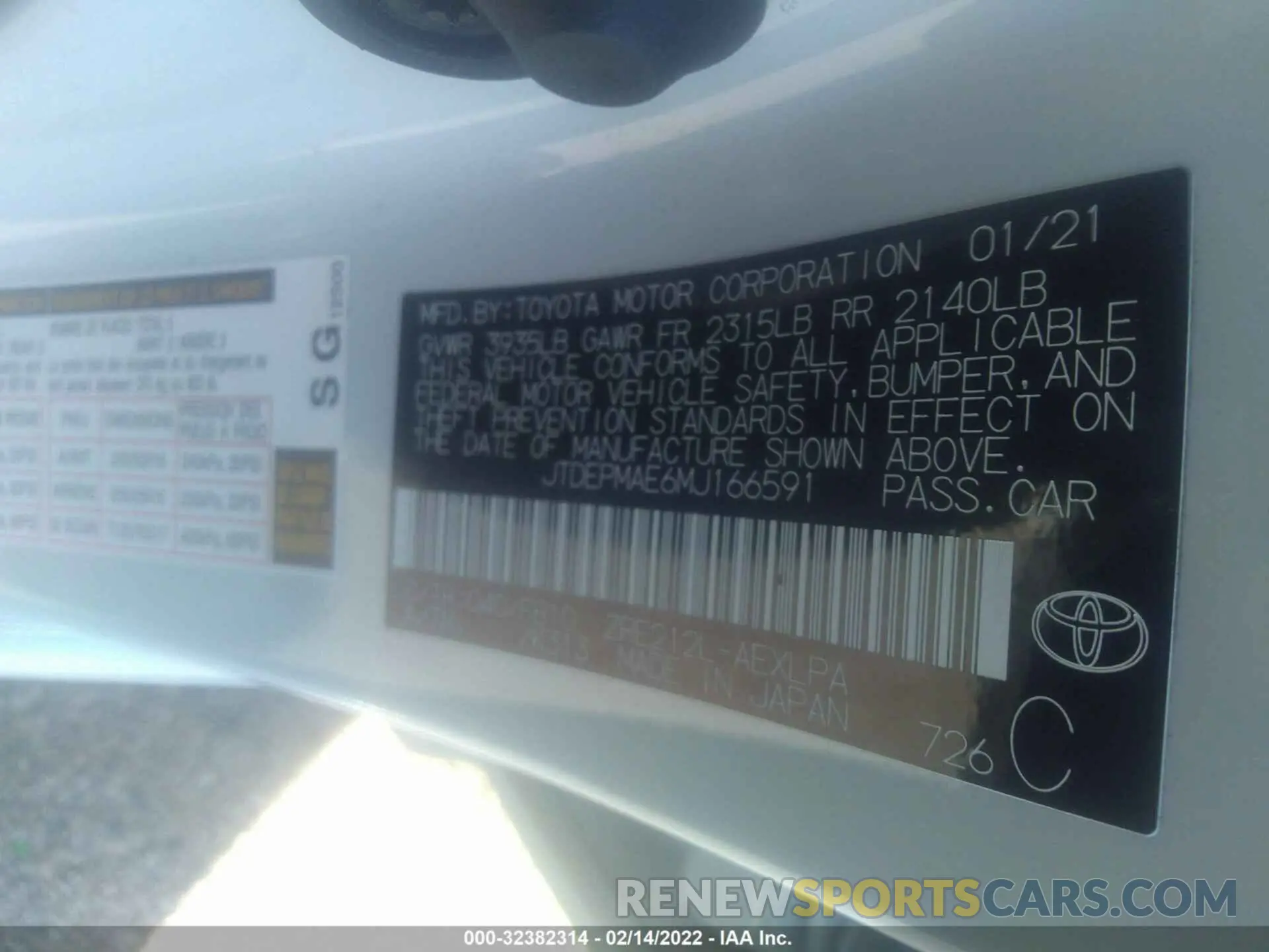 9 fotografías del automóvil dañado JTDEPMAE6MJ166591 TOYOTA COROLLA 2021