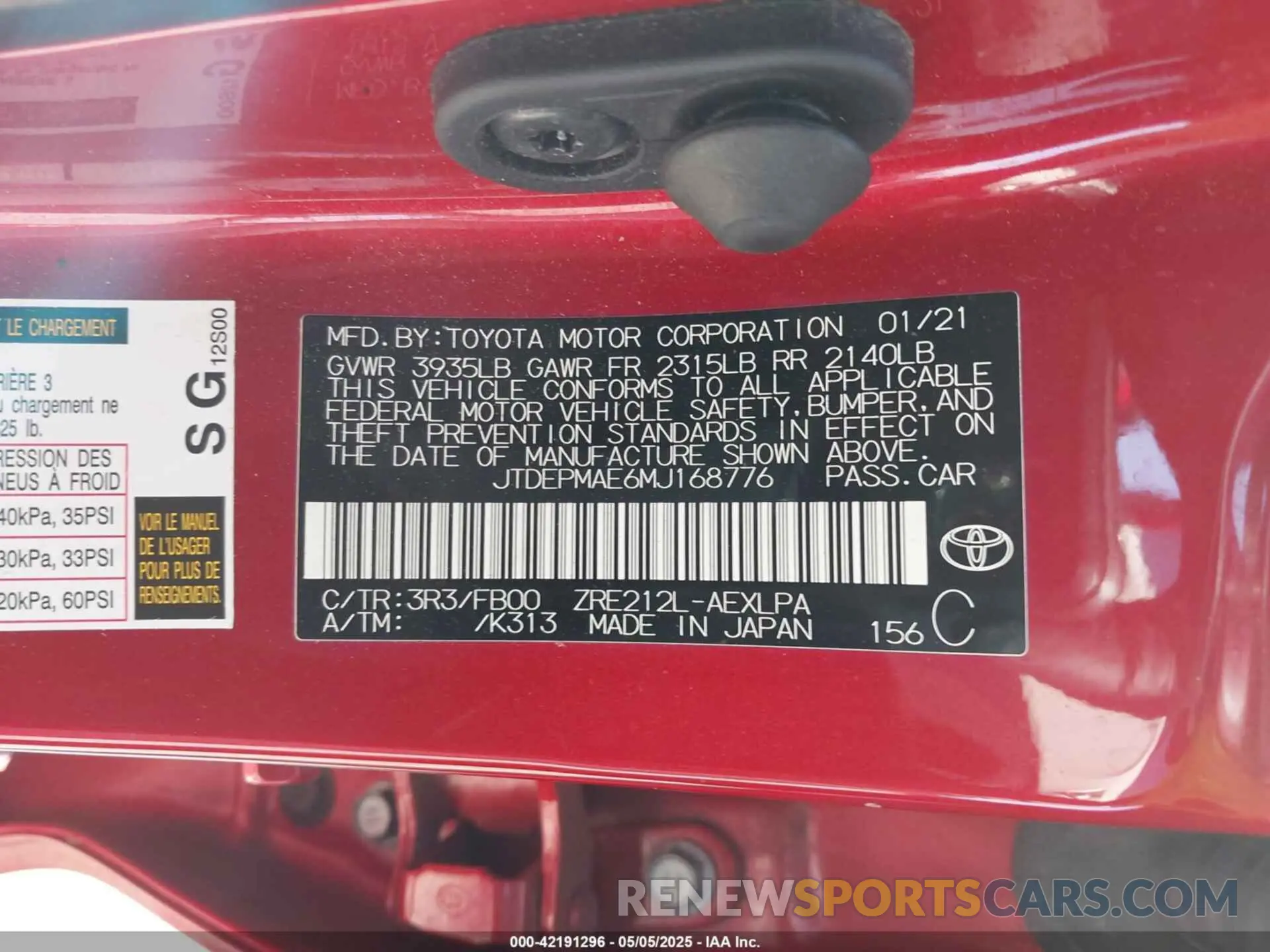 9 fotografías del automóvil dañado JTDEPMAE6MJ168776 TOYOTA COROLLA 2021