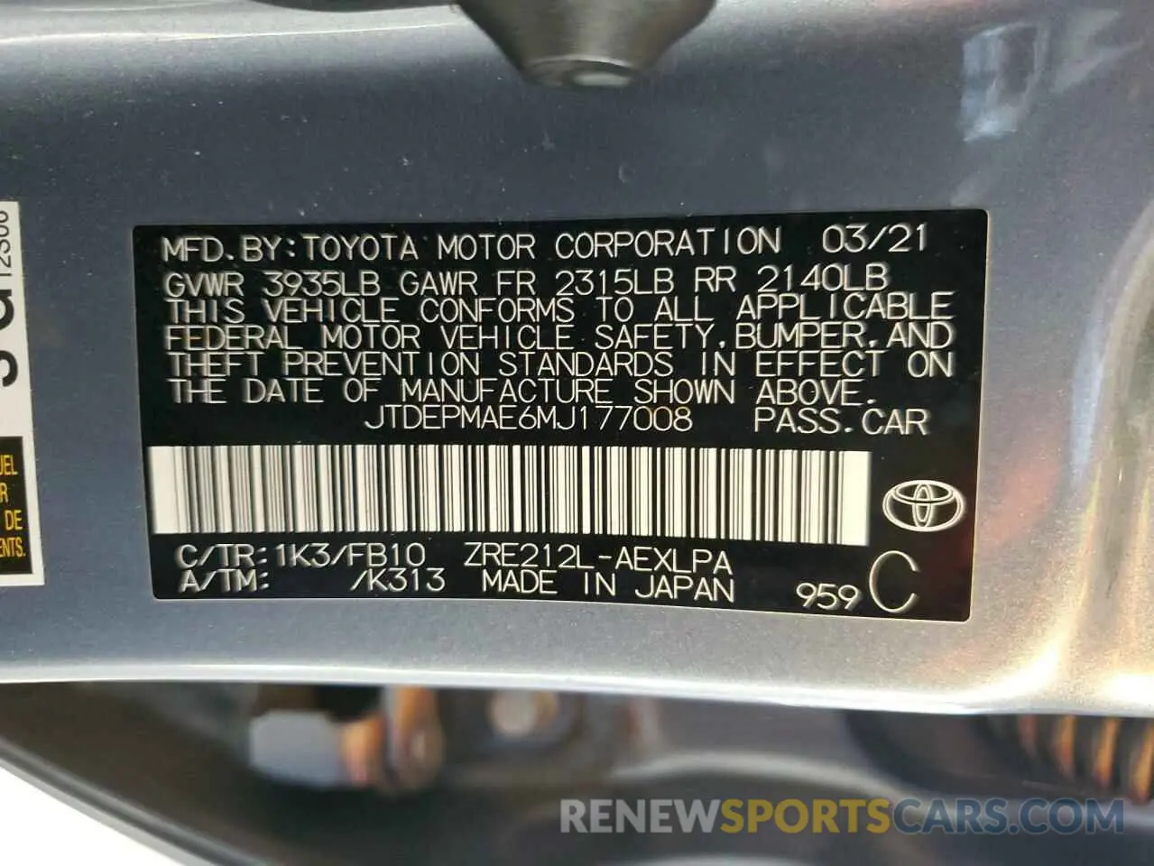 12 fotografías del automóvil dañado JTDEPMAE6MJ177008 TOYOTA COROLLA 2021