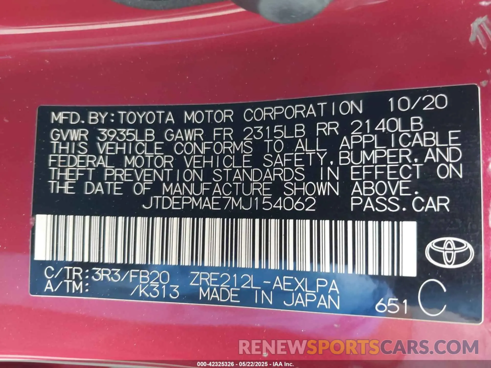 9 fotografías del automóvil dañado JTDEPMAE7MJ154062 TOYOTA COROLLA 2021