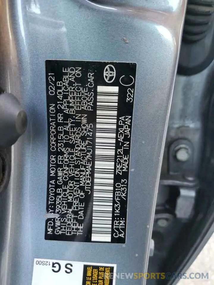 12 fotografías del automóvil dañado JTDEPMAE7MJ171475 TOYOTA COROLLA 2021