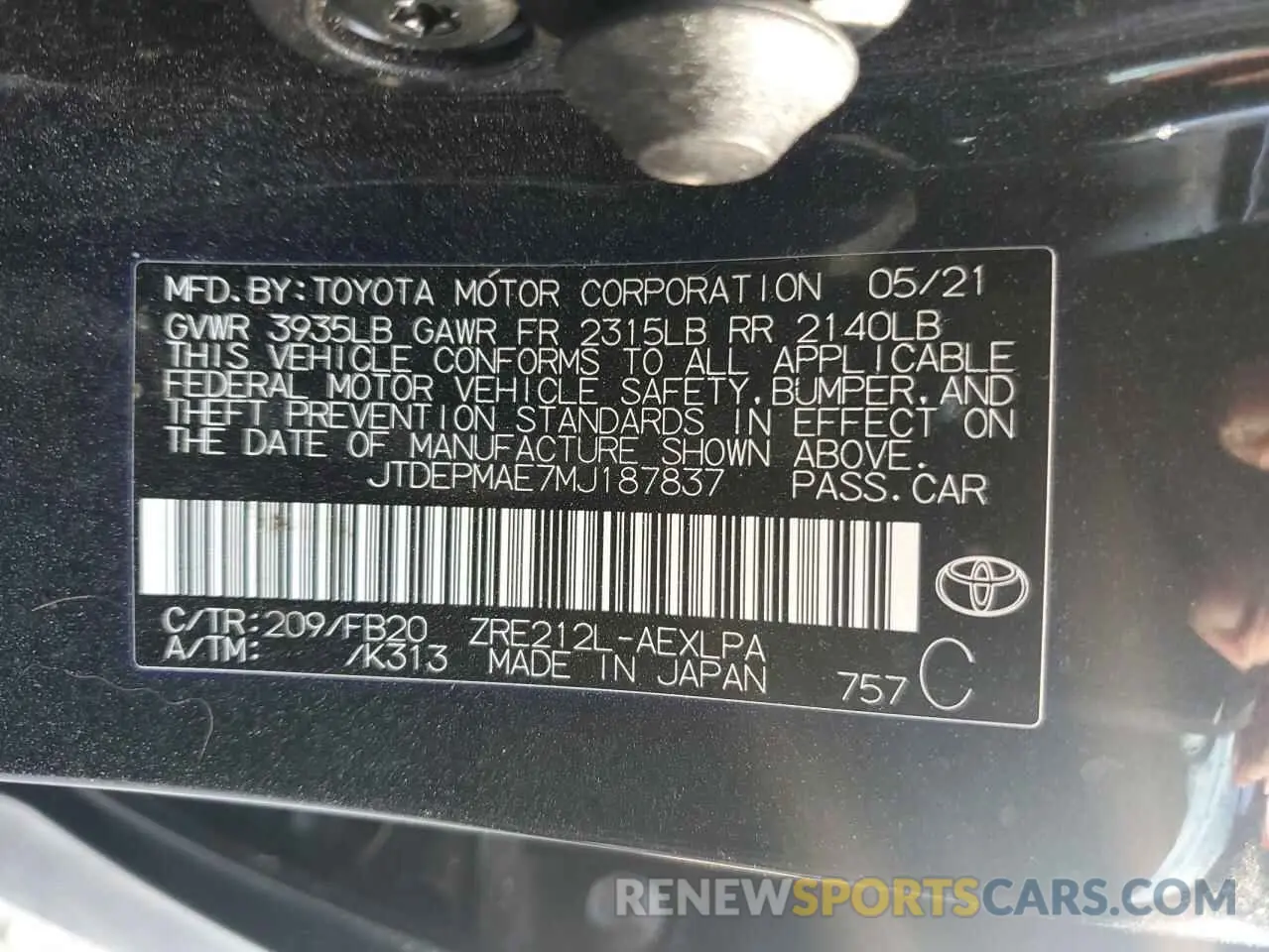 13 fotografías del automóvil dañado JTDEPMAE7MJ187837 TOYOTA COROLLA 2021