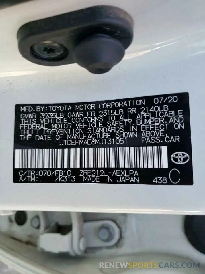 10 fotografías del automóvil dañado JTDEPMAE8MJ131051 TOYOTA COROLLA 2021