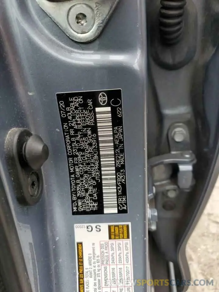 12 fotografías del automóvil dañado JTDEPMAE8MJ133916 TOYOTA COROLLA 2021