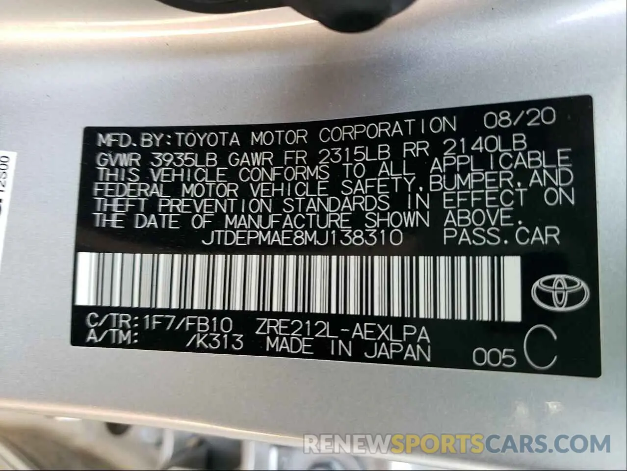 10 fotografías del automóvil dañado JTDEPMAE8MJ138310 TOYOTA COROLLA 2021
