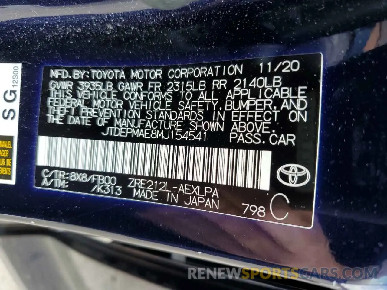 12 fotografías del automóvil dañado JTDEPMAE8MJ154541 TOYOTA COROLLA 2021