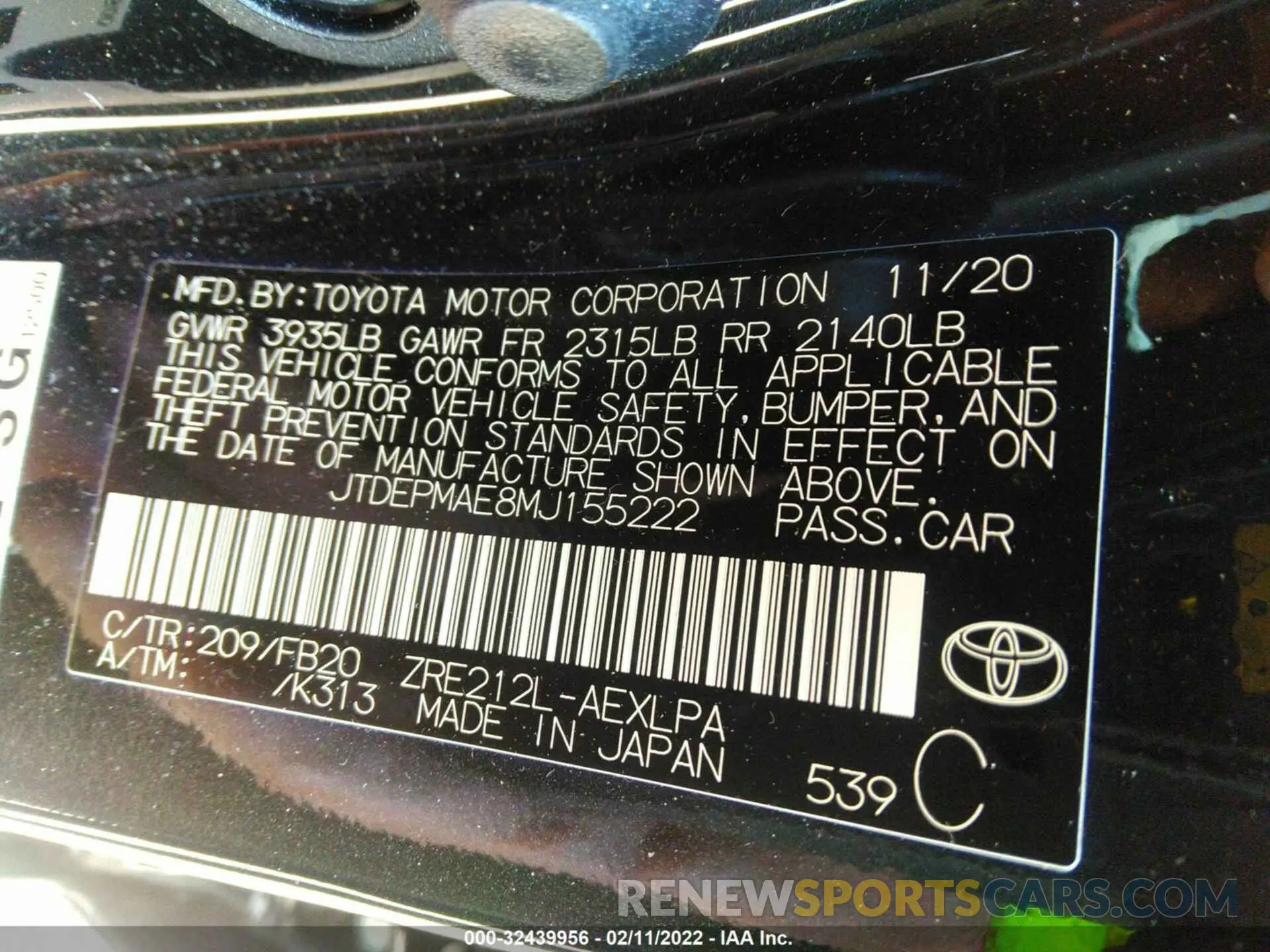 9 fotografías del automóvil dañado JTDEPMAE8MJ155222 TOYOTA COROLLA 2021