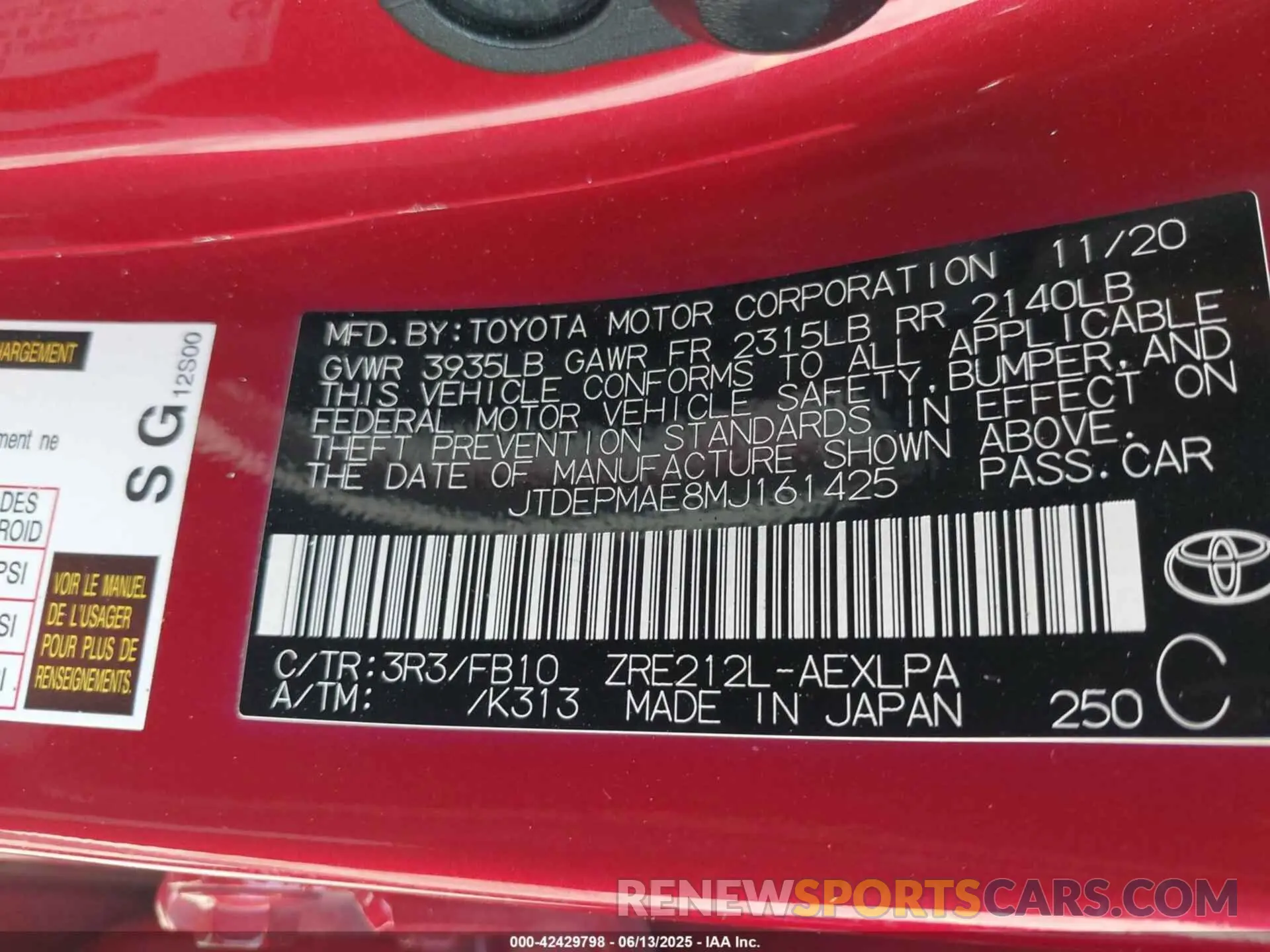 9 fotografías del automóvil dañado JTDEPMAE8MJ161425 TOYOTA COROLLA 2021