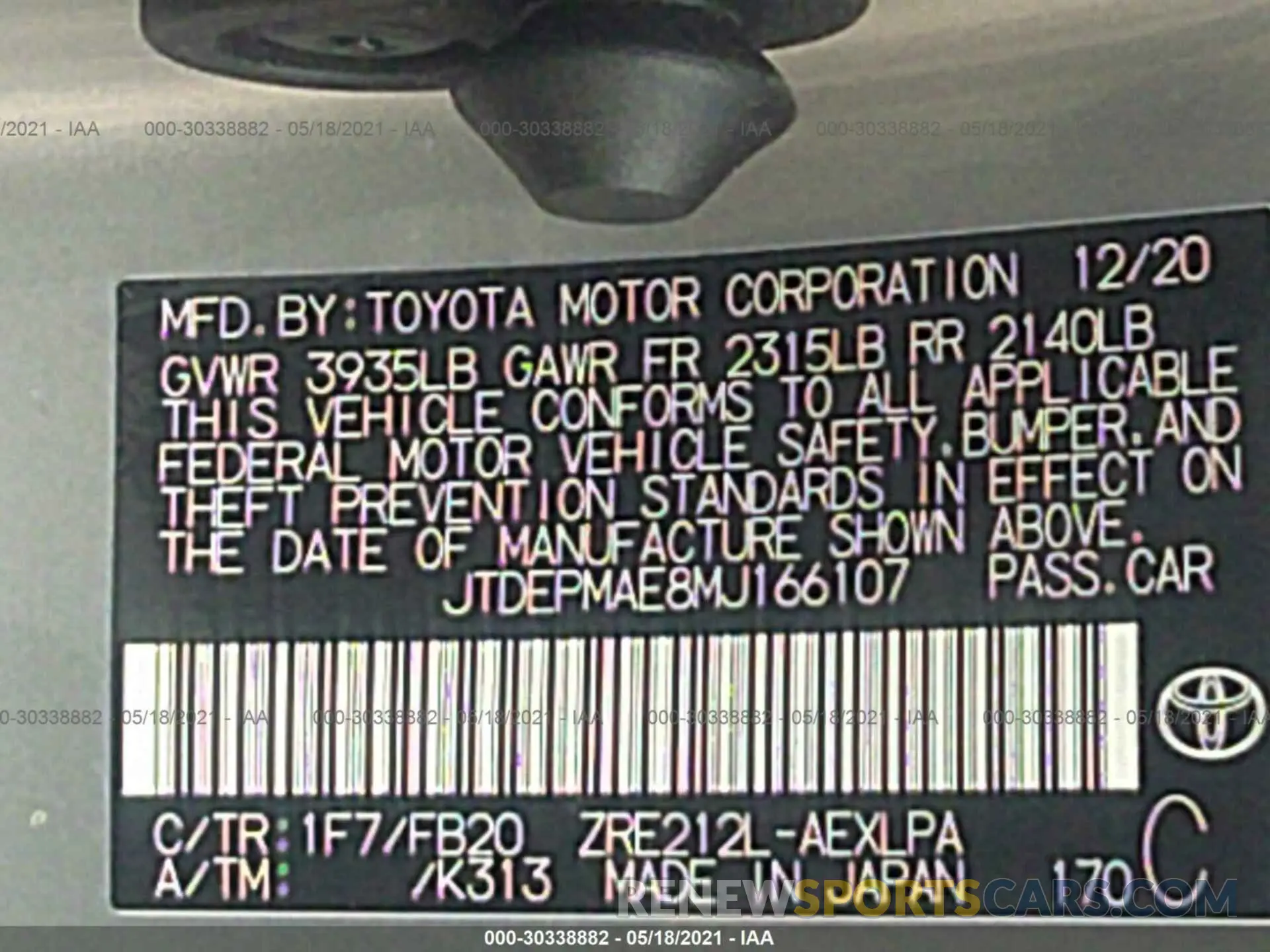 9 fotografías del automóvil dañado JTDEPMAE8MJ166107 TOYOTA COROLLA 2021