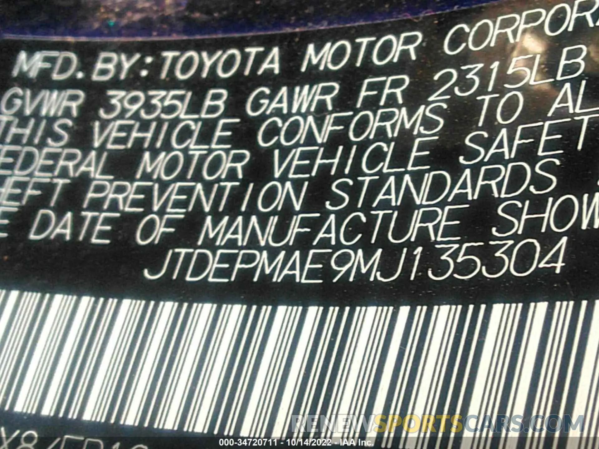 9 fotografías del automóvil dañado JTDEPMAE9MJ135304 TOYOTA COROLLA 2021