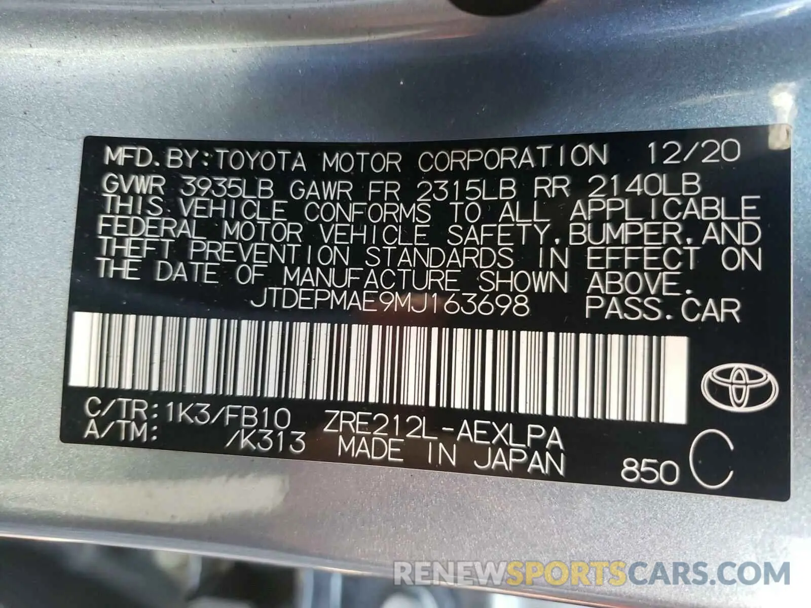 10 fotografías del automóvil dañado JTDEPMAE9MJ163698 TOYOTA COROLLA 2021