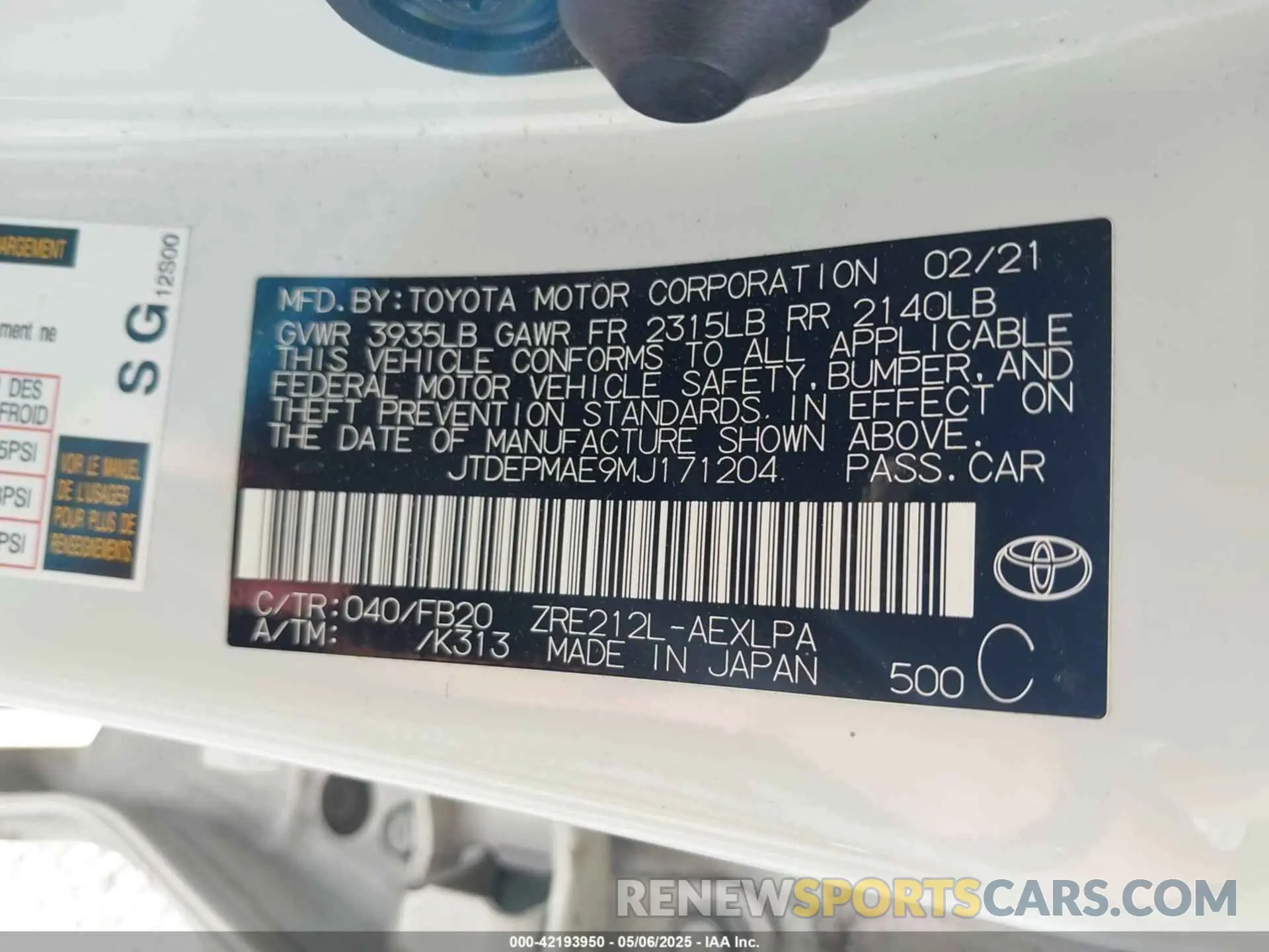 9 fotografías del automóvil dañado JTDEPMAE9MJ171204 TOYOTA COROLLA 2021