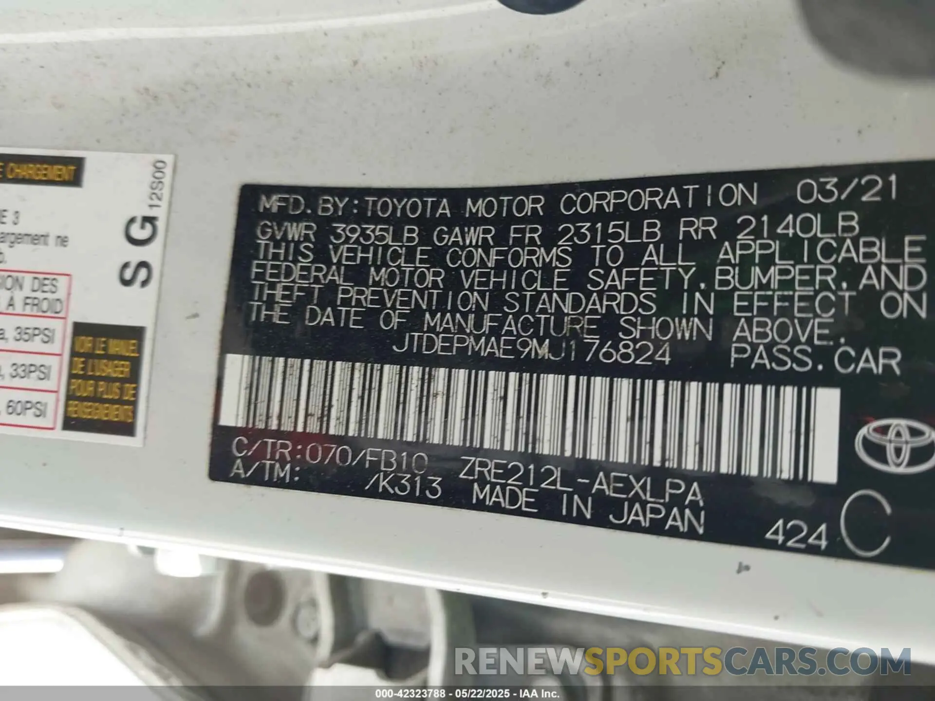 9 fotografías del automóvil dañado JTDEPMAE9MJ176824 TOYOTA COROLLA 2021