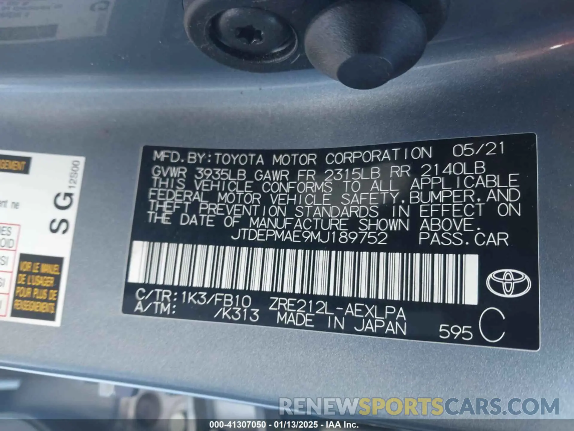 9 fotografías del automóvil dañado JTDEPMAE9MJ189752 TOYOTA COROLLA 2021