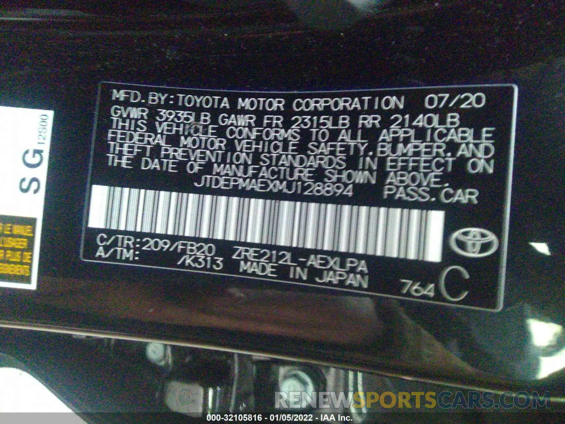 9 fotografías del automóvil dañado JTDEPMAEXMJ128894 TOYOTA COROLLA 2021
