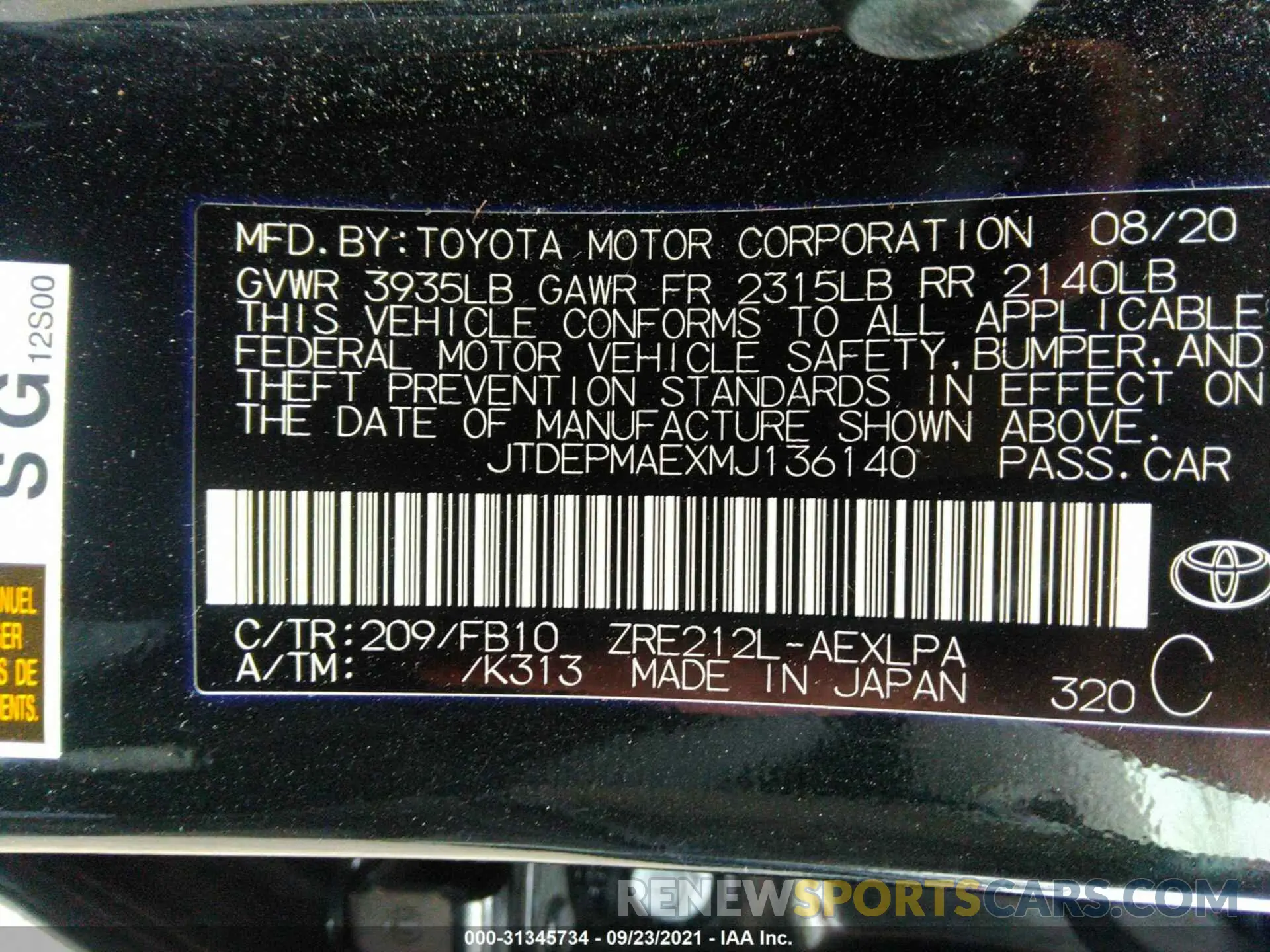 9 fotografías del automóvil dañado JTDEPMAEXMJ136140 TOYOTA COROLLA 2021
