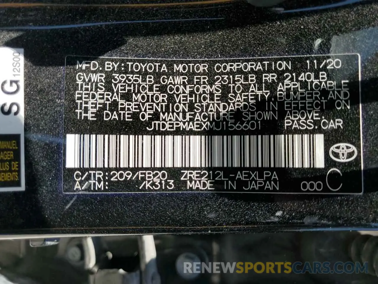 10 fotografías del automóvil dañado JTDEPMAEXMJ156601 TOYOTA COROLLA 2021