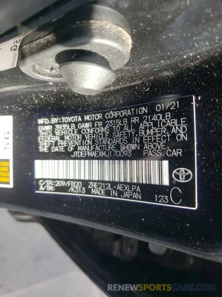 10 fotografías del automóvil dañado JTDEPMAEXMJ170093 TOYOTA COROLLA 2021