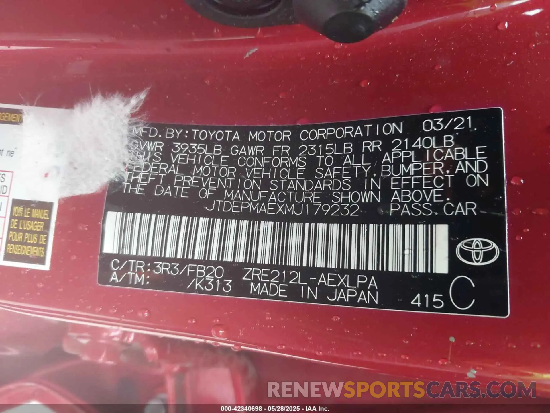 9 fotografías del automóvil dañado JTDEPMAEXMJ179232 TOYOTA COROLLA 2021