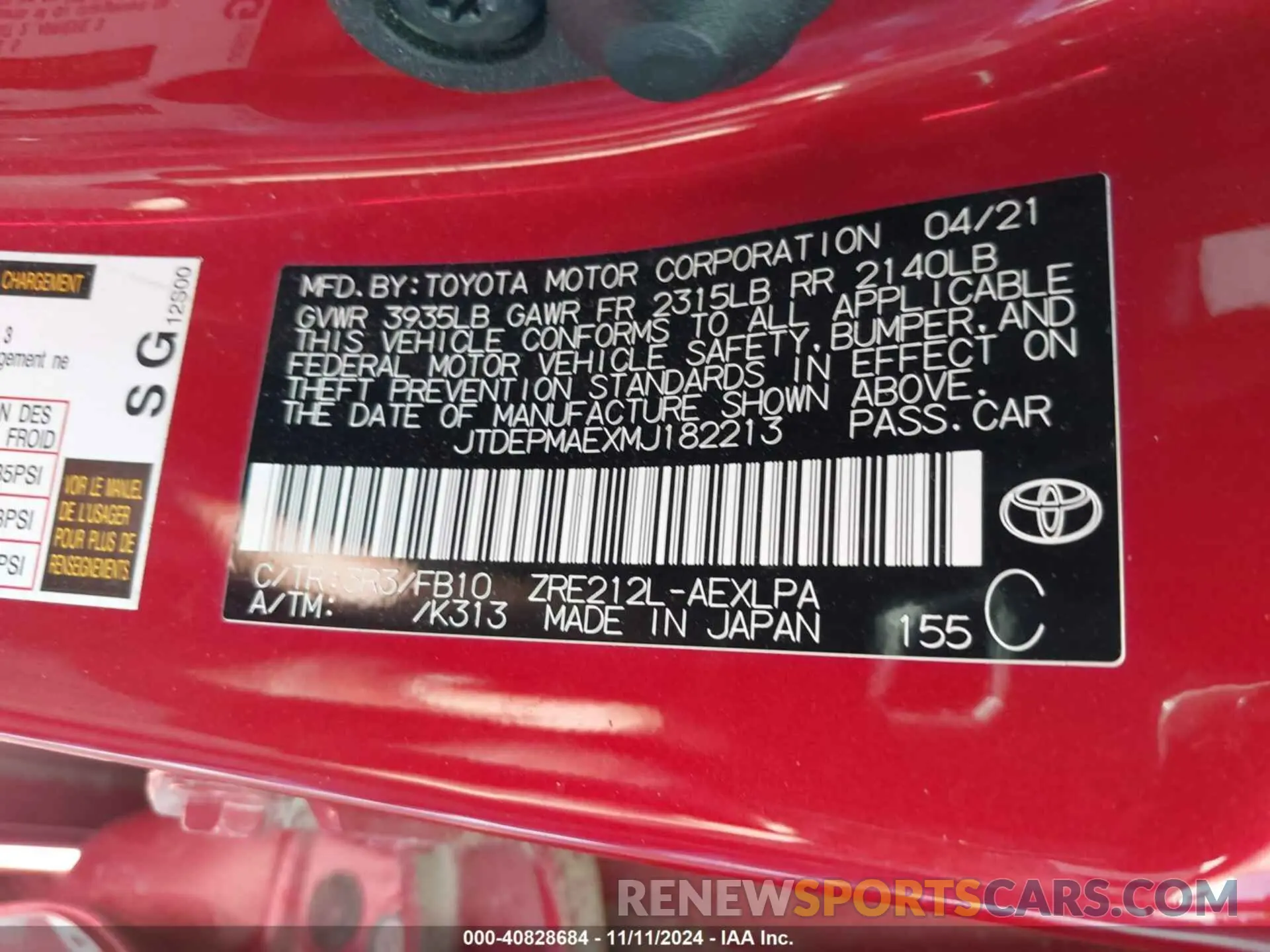 9 fotografías del automóvil dañado JTDEPMAEXMJ182213 TOYOTA COROLLA 2021