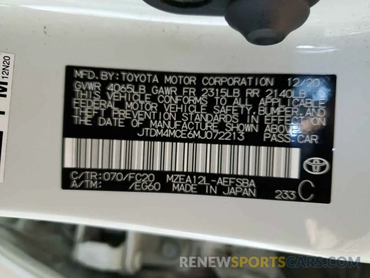 12 fotografías del automóvil dañado JTDM4MCE6MJ072213 TOYOTA COROLLA 2021