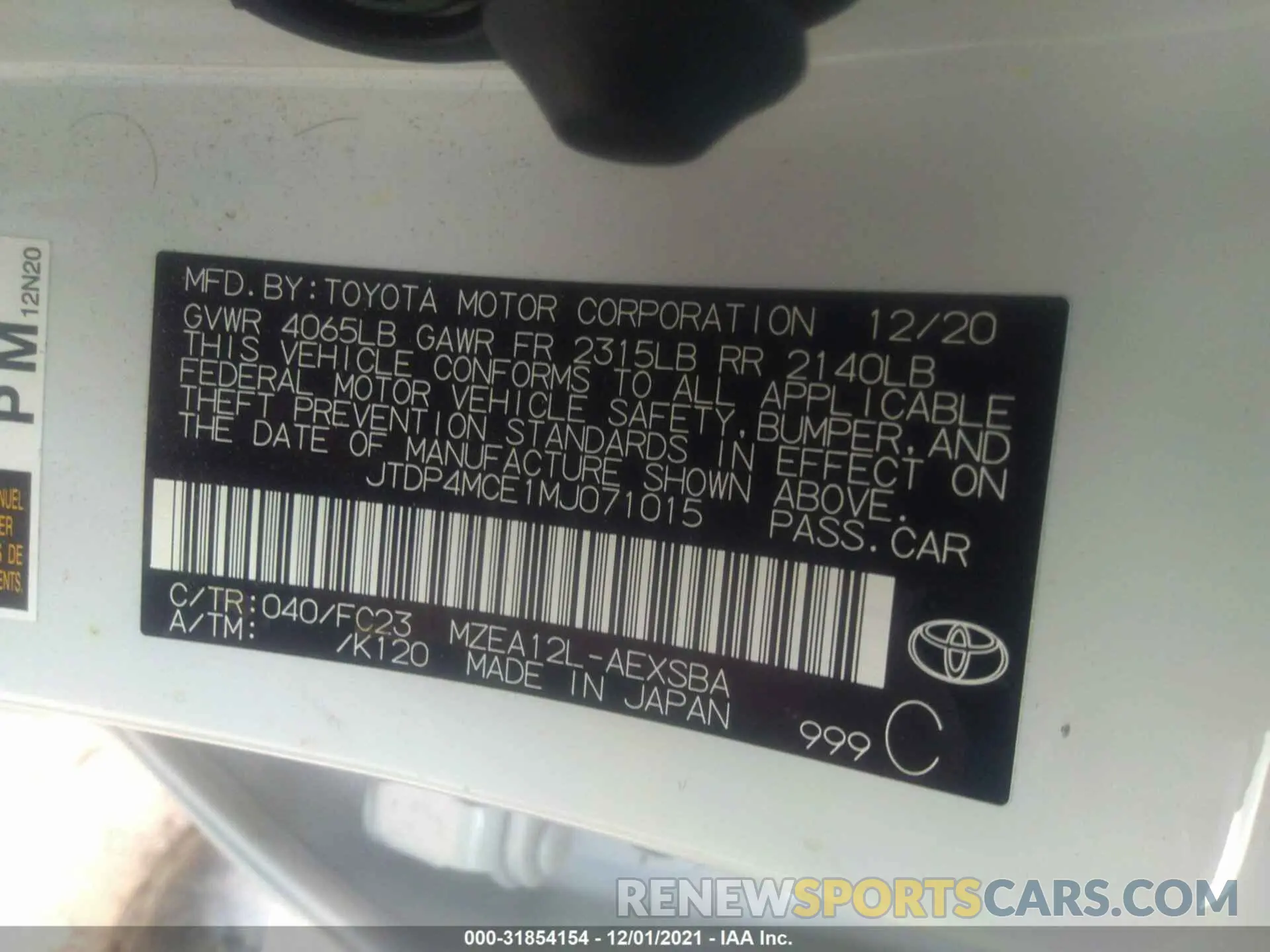 9 fotografías del automóvil dañado JTDP4MCE1MJ071015 TOYOTA COROLLA 2021