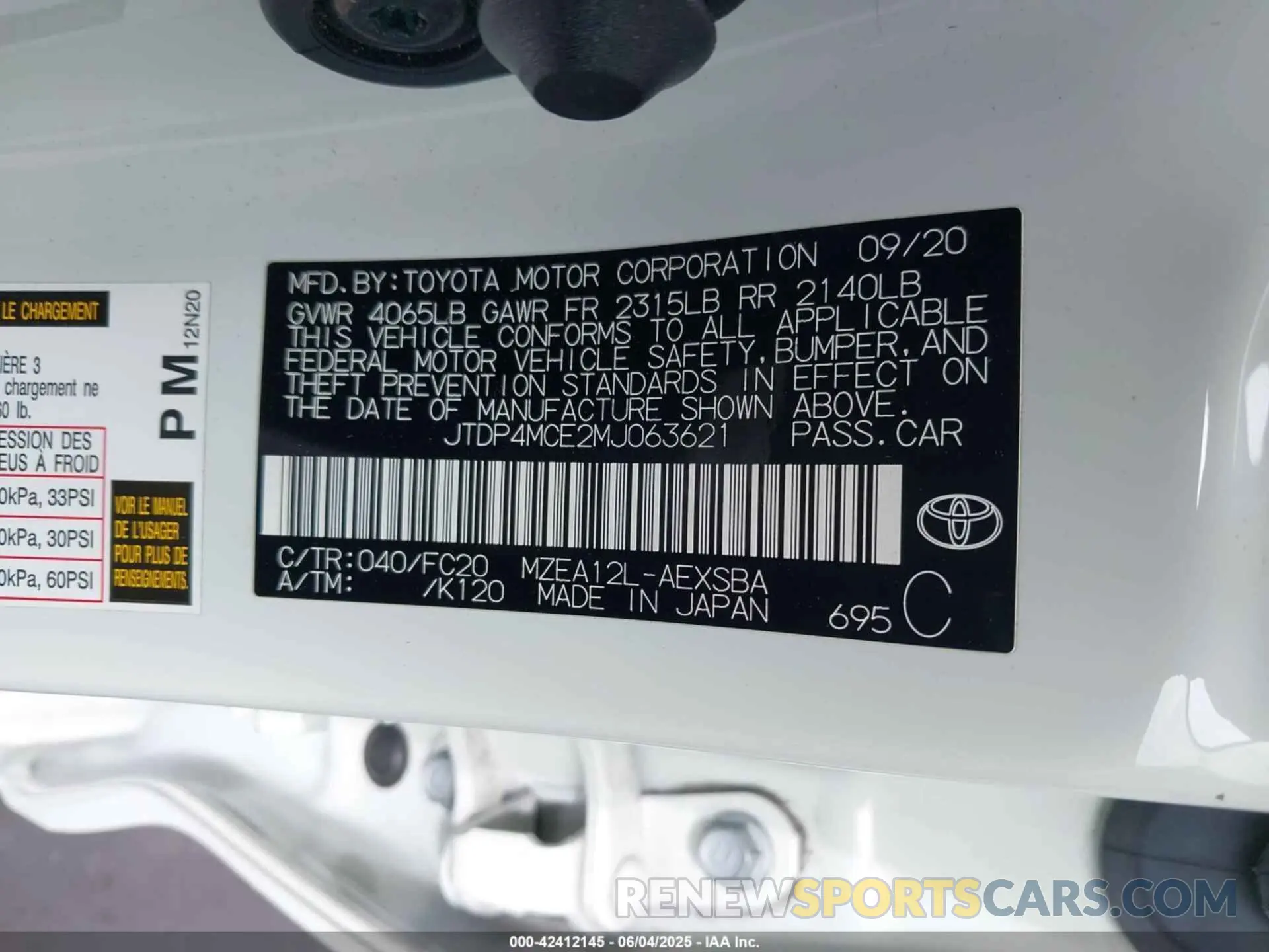 9 fotografías del automóvil dañado JTDP4MCE2MJ063621 TOYOTA COROLLA 2021