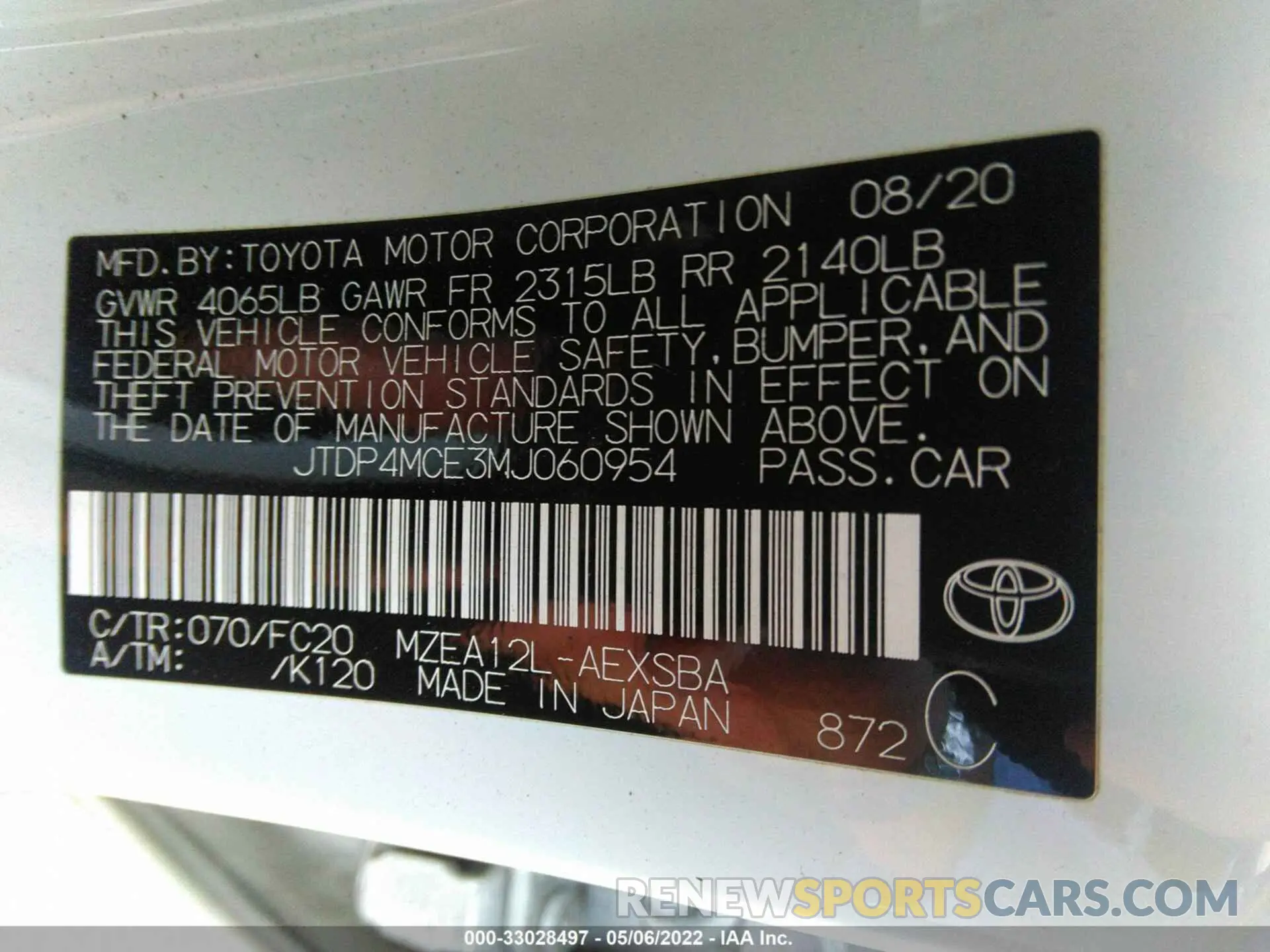 9 fotografías del automóvil dañado JTDP4MCE3MJ060954 TOYOTA COROLLA 2021