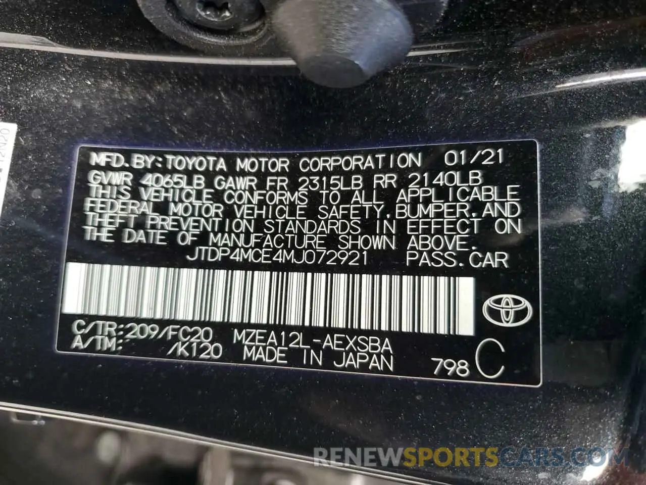 12 fotografías del automóvil dañado JTDP4MCE4MJ072921 TOYOTA COROLLA 2021