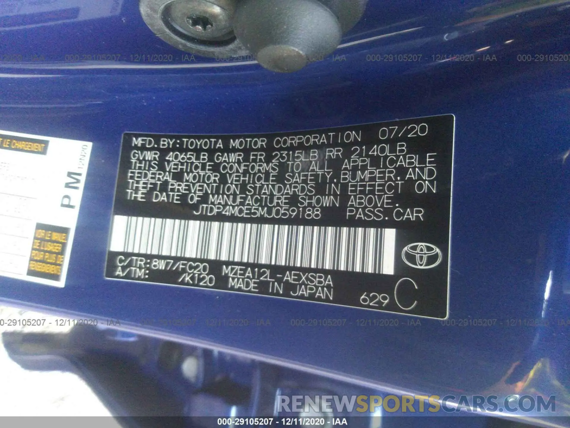 9 fotografías del automóvil dañado JTDP4MCE5MJ059188 TOYOTA COROLLA 2021
