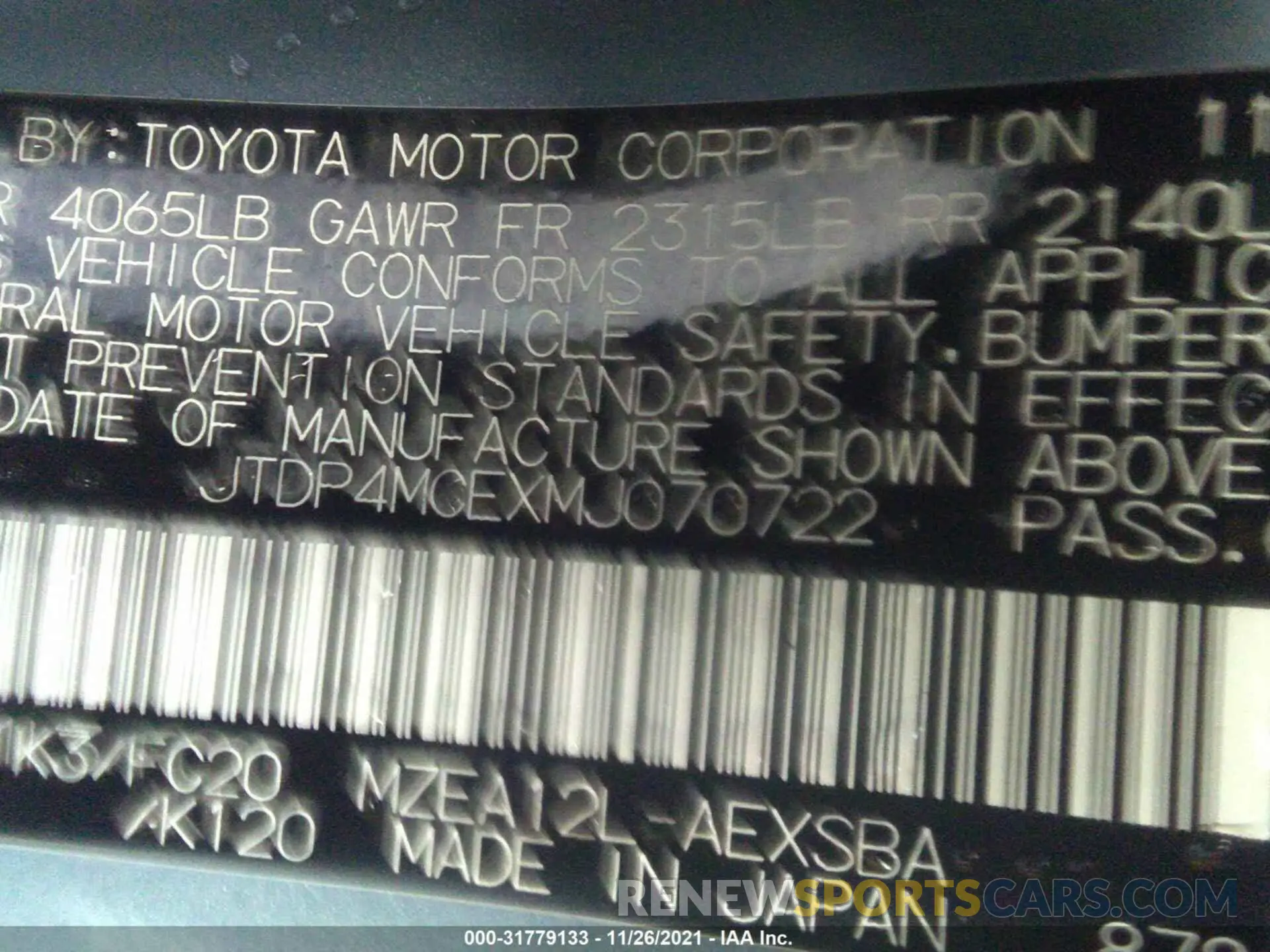 9 fotografías del automóvil dañado JTDP4MCEXMJ070722 TOYOTA COROLLA 2021